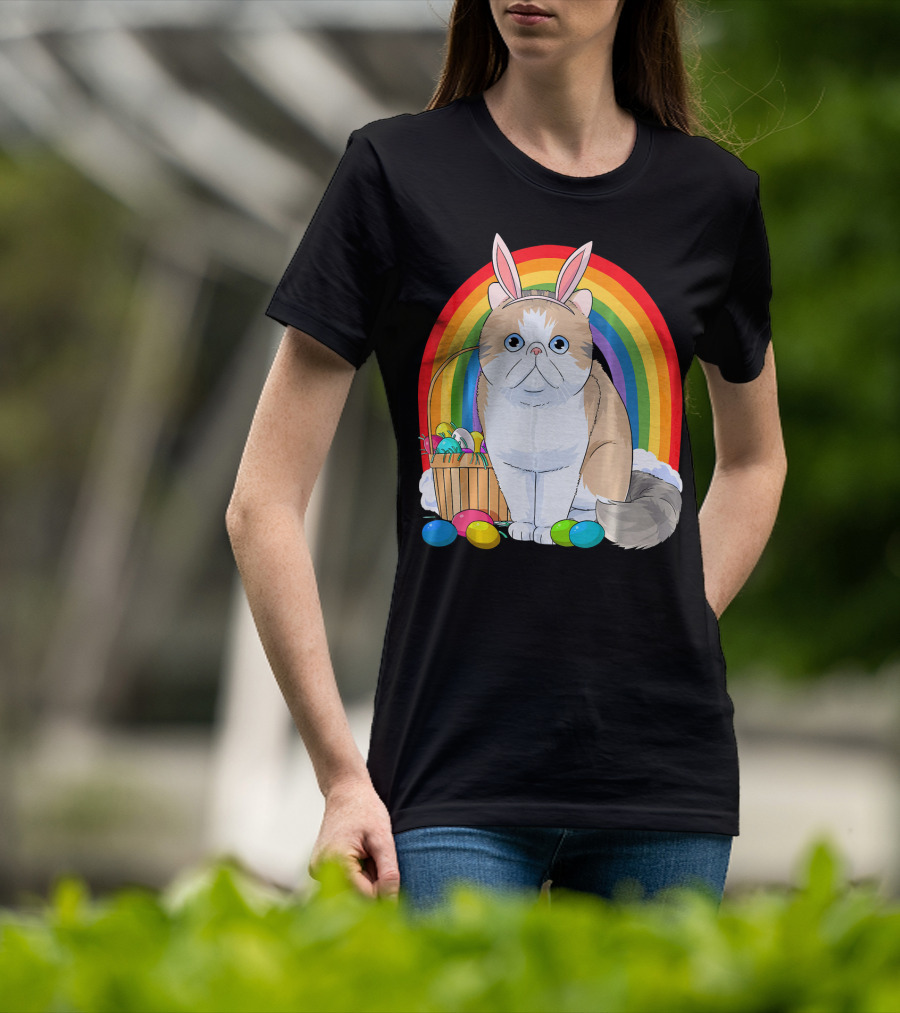 Exotic Shorthair Cat Bunny With Easter Eggs In Front Of Rainbow T-Shirt