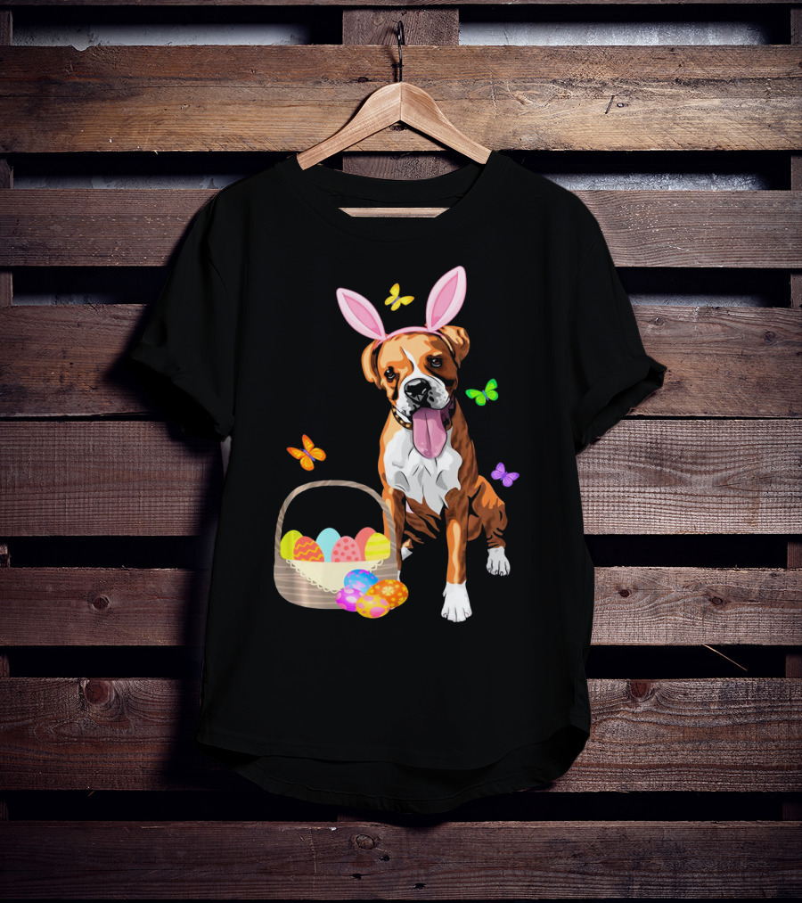 Girls Happy Easter Bunny Boxer Dog With Easter Eggs And Butterflies T-Shirt