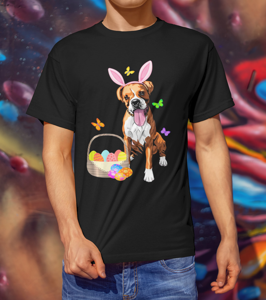Girls Happy Easter Bunny Boxer Dog With Easter Eggs And Butterflies T-Shirt