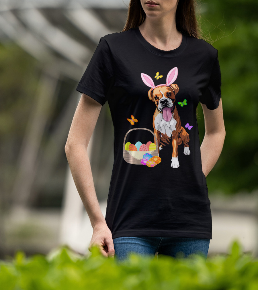 Girls Happy Easter Bunny Boxer Dog With Easter Eggs And Butterflies T-Shirt