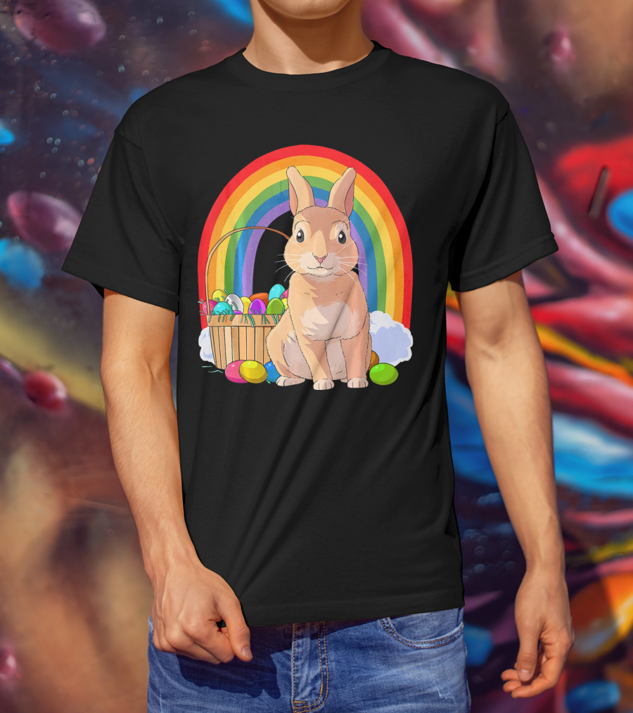 Bunny Rabbit With Easter Eggs And Rainbow For Kids Easter T-Shirt