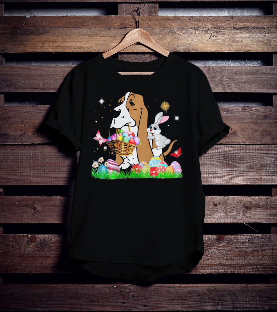 Basset Hound With Easter Eggs Basket And Bunny Surrounded By Colorful Eggs And Flowers T-Shirt