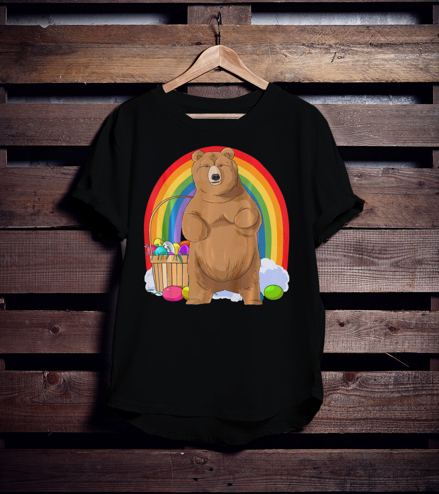 Bear With Easter Egg Basket And Rainbow Background T-Shirt