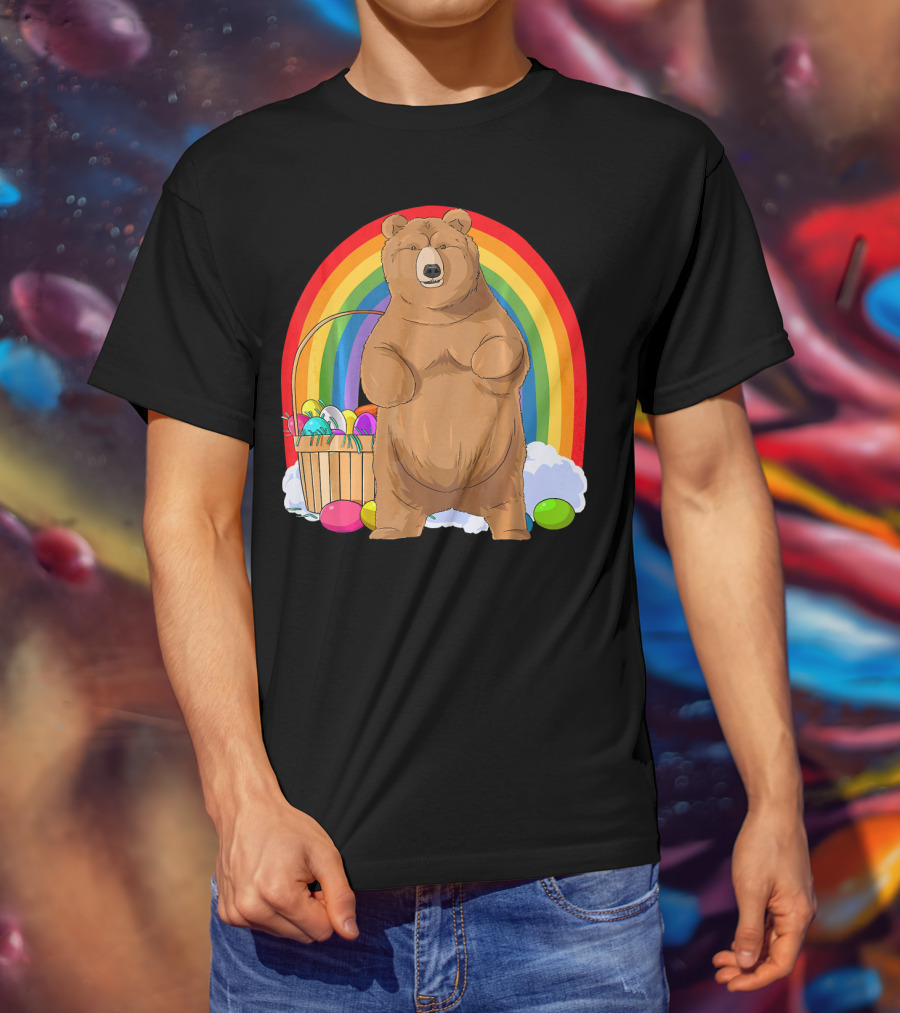 Bear With Easter Egg Basket And Rainbow Background T-Shirt