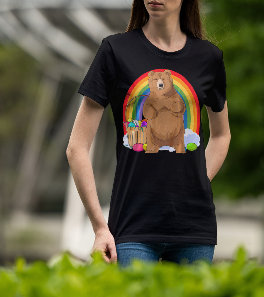 Bear With Easter Egg Basket And Rainbow Background T-Shirt