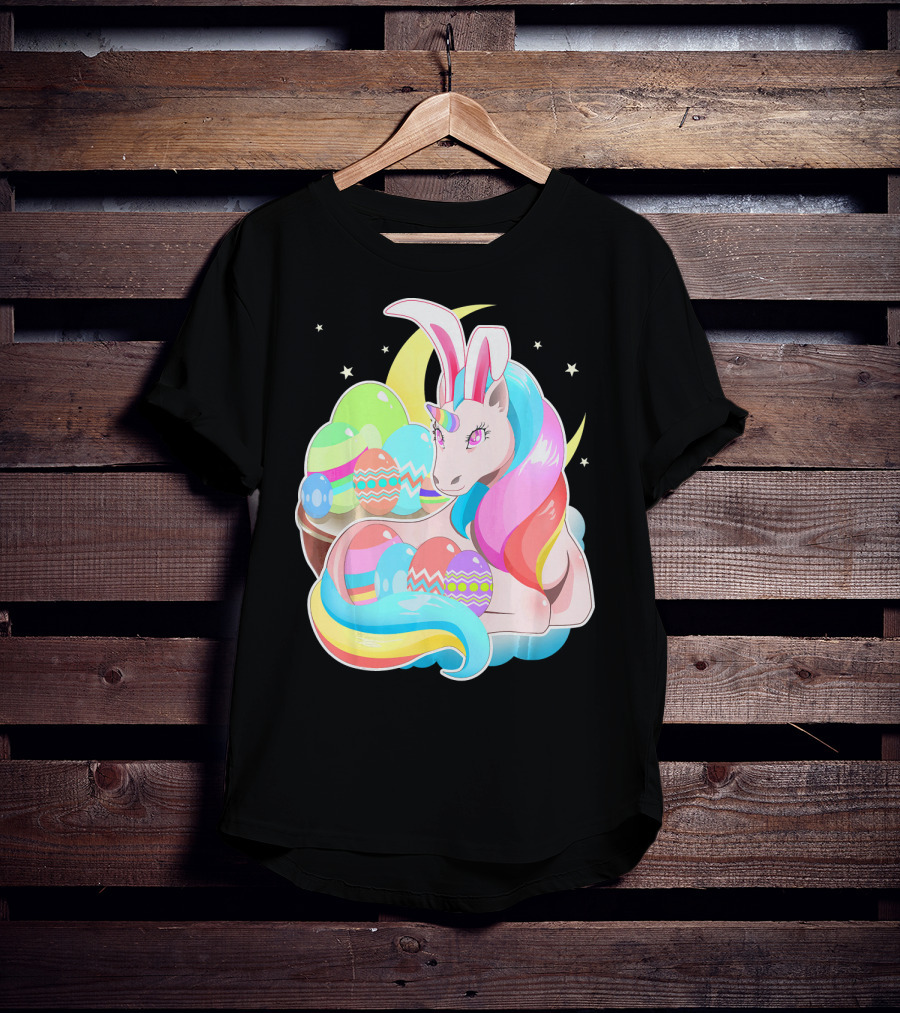 Unicorn Easter Bunny Ears Holiday Pastel Eggs And Moon Stars T-Shirt