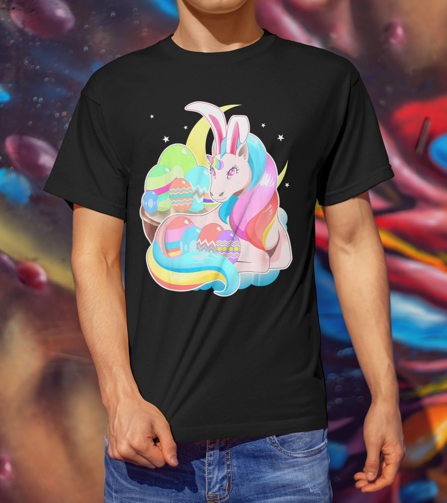 Unicorn Easter Bunny Ears Holiday Pastel Eggs And Moon Stars T-Shirt