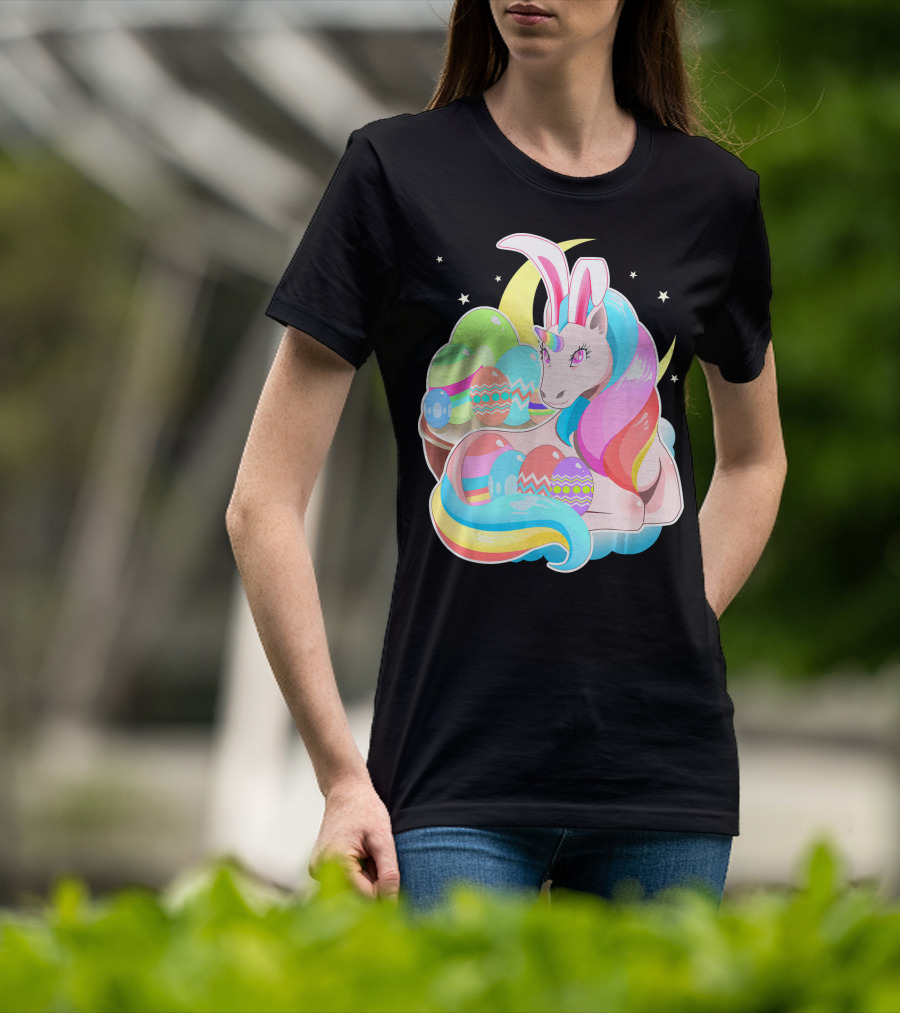 Unicorn Easter Bunny Ears Holiday Pastel Eggs And Moon Stars T-Shirt
