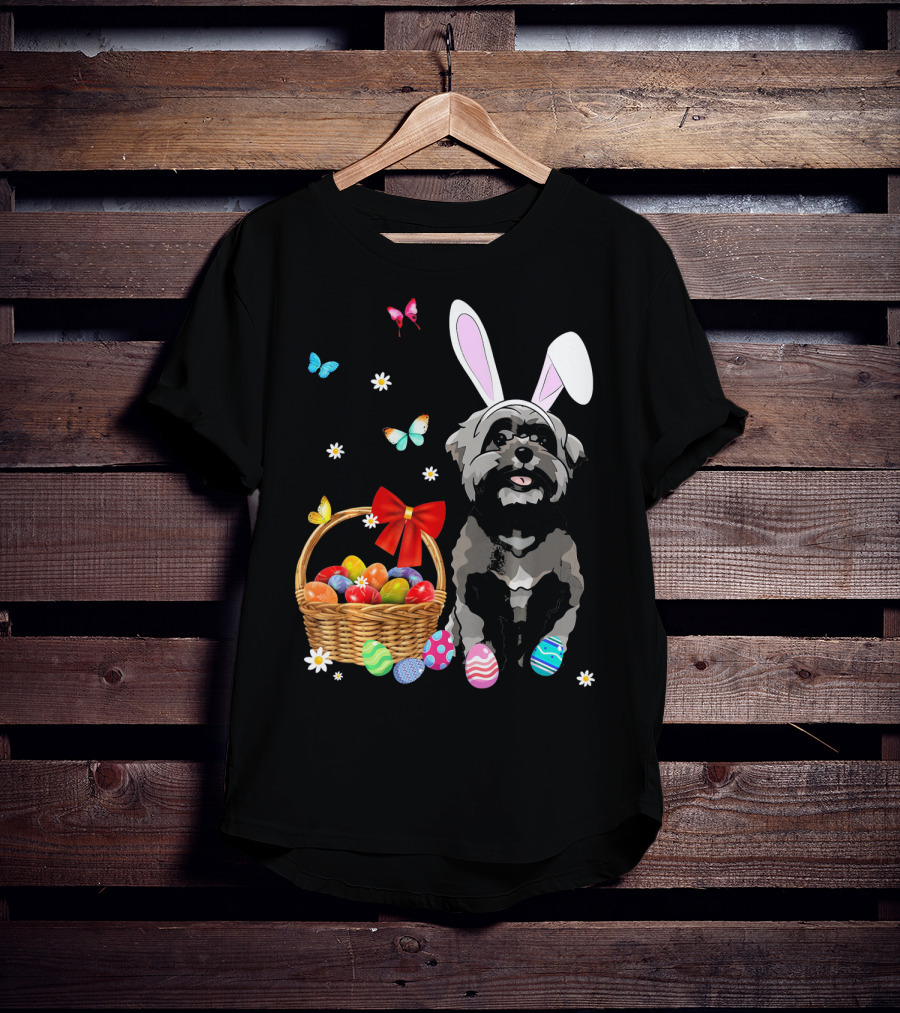 Shih Tzu With Bunny Ears And Easter Egg Basket With Butterflies And Flowers T-Shirt