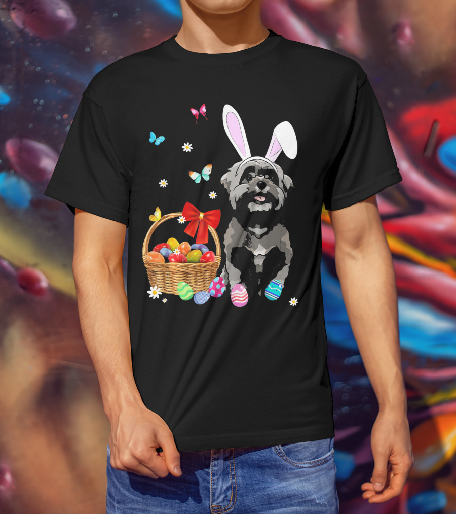 Shih Tzu With Bunny Ears And Easter Egg Basket With Butterflies And Flowers T-Shirt