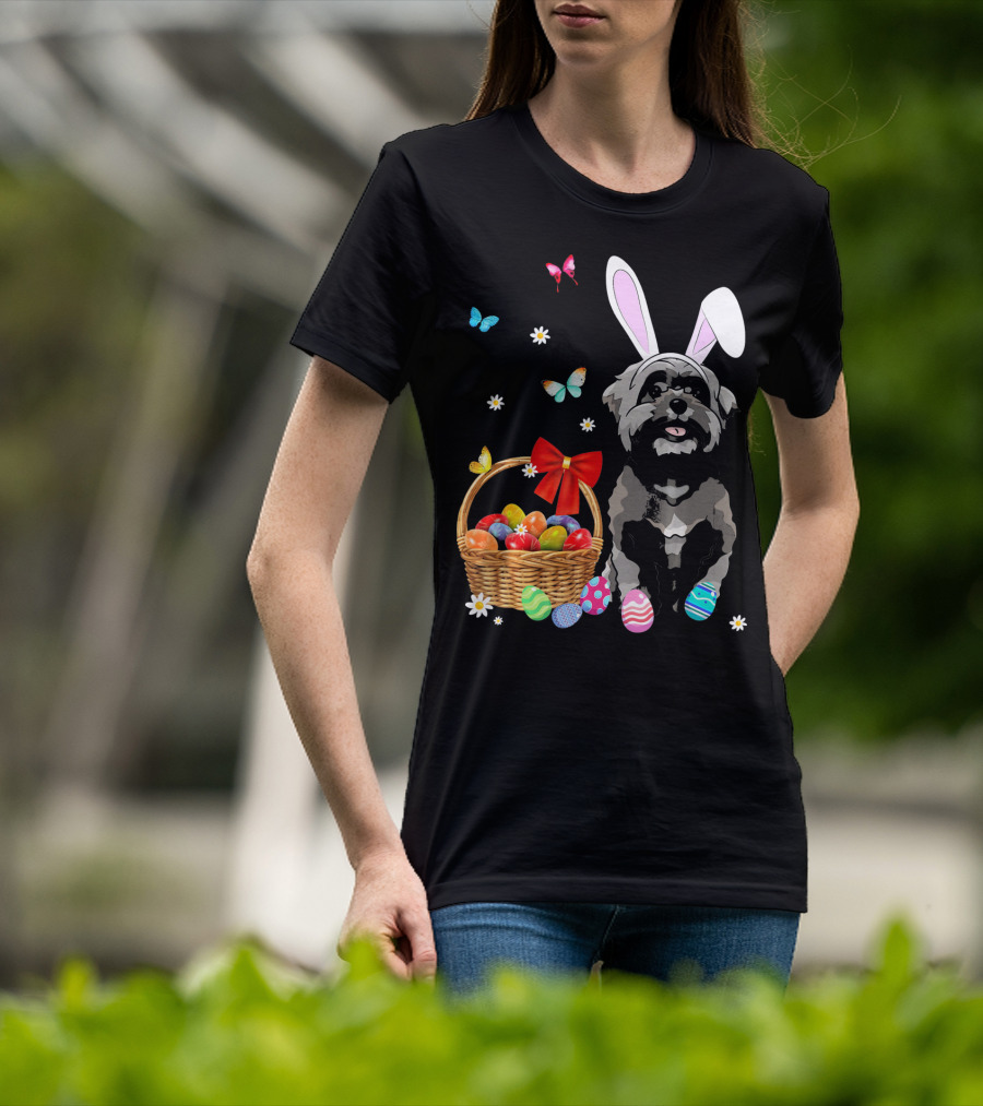 Shih Tzu With Bunny Ears And Easter Egg Basket With Butterflies And Flowers T-Shirt