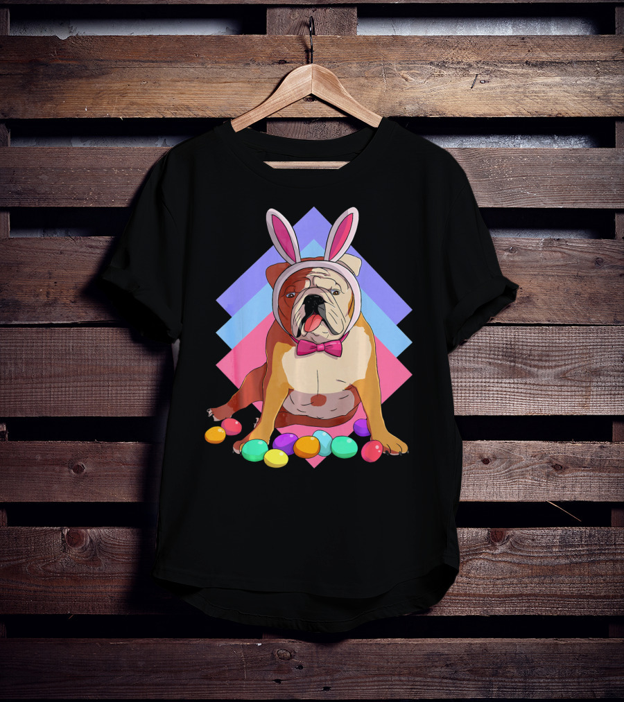Easter Eggs Bulldog With Bunny Ears And Bowtie T-Shirt