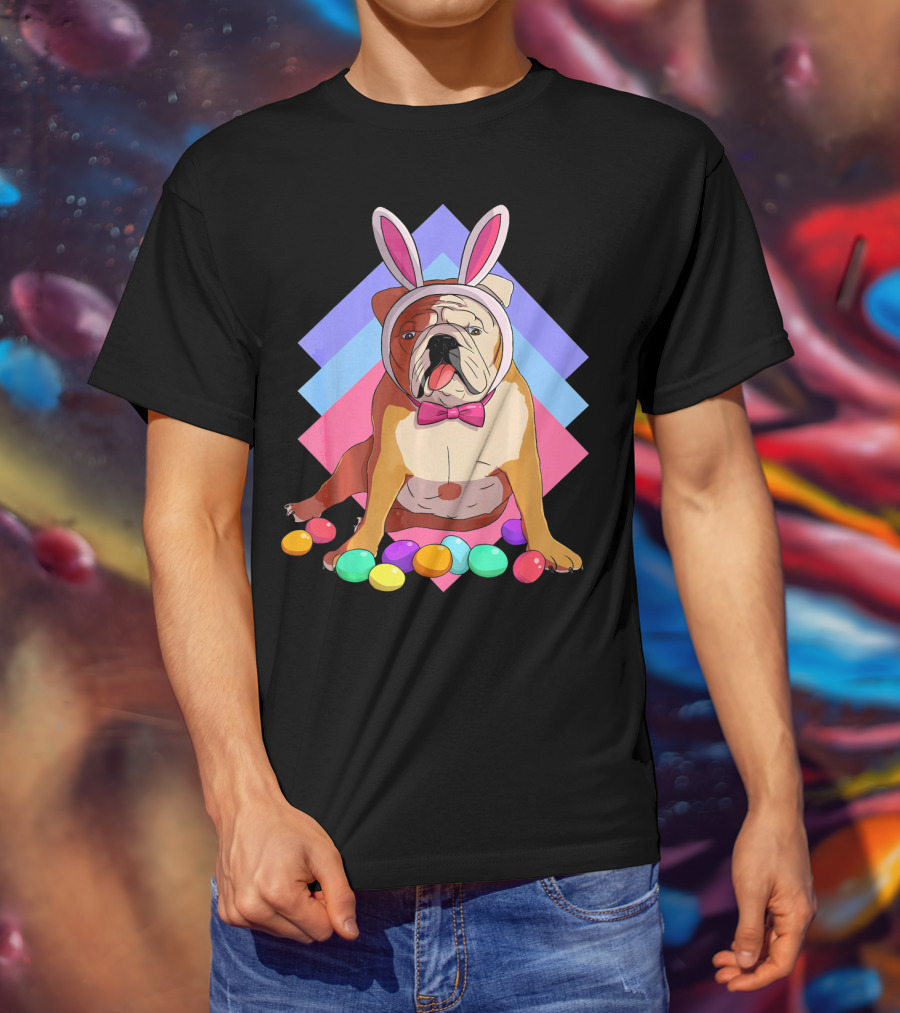 Easter Eggs Bulldog With Bunny Ears And Bowtie T-Shirt