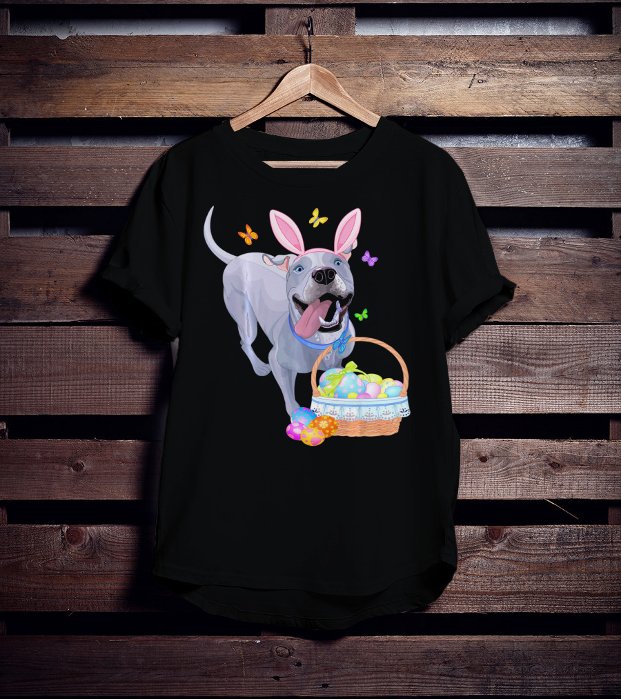 Gray Pit Bull Puppy With Bunny Ears And Easter Basket T-Shirt