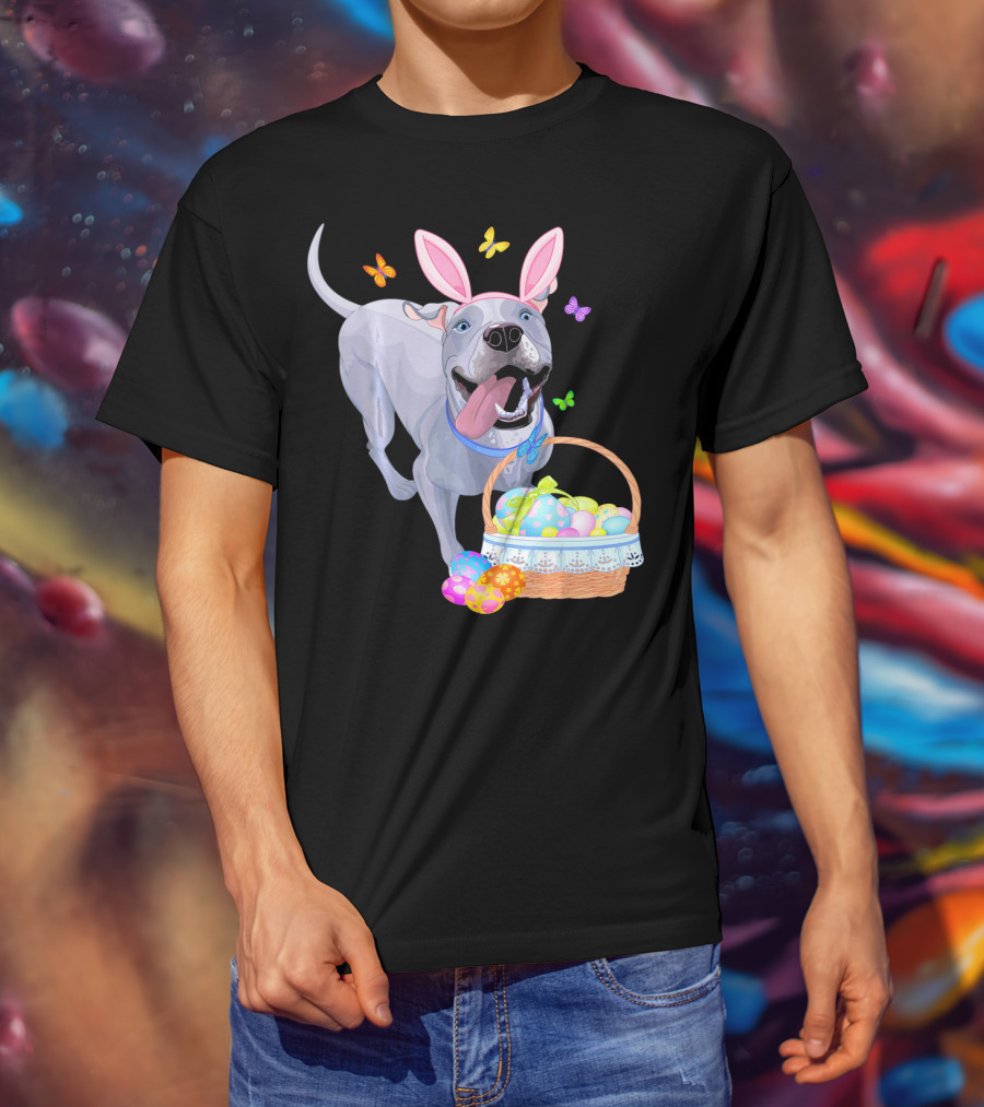 Gray Pit Bull Puppy With Bunny Ears And Easter Basket T-Shirt