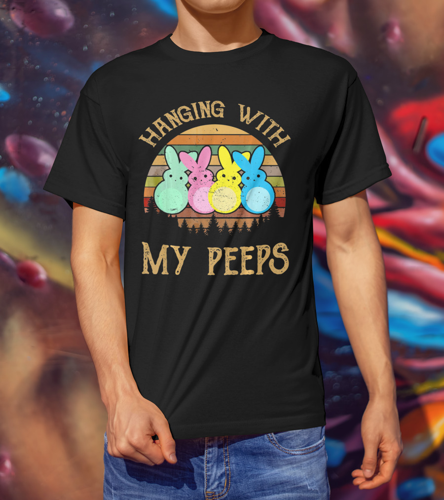 Hanging With My Peeps Vintage Easter Bunnies Retro Sunset T-Shirt