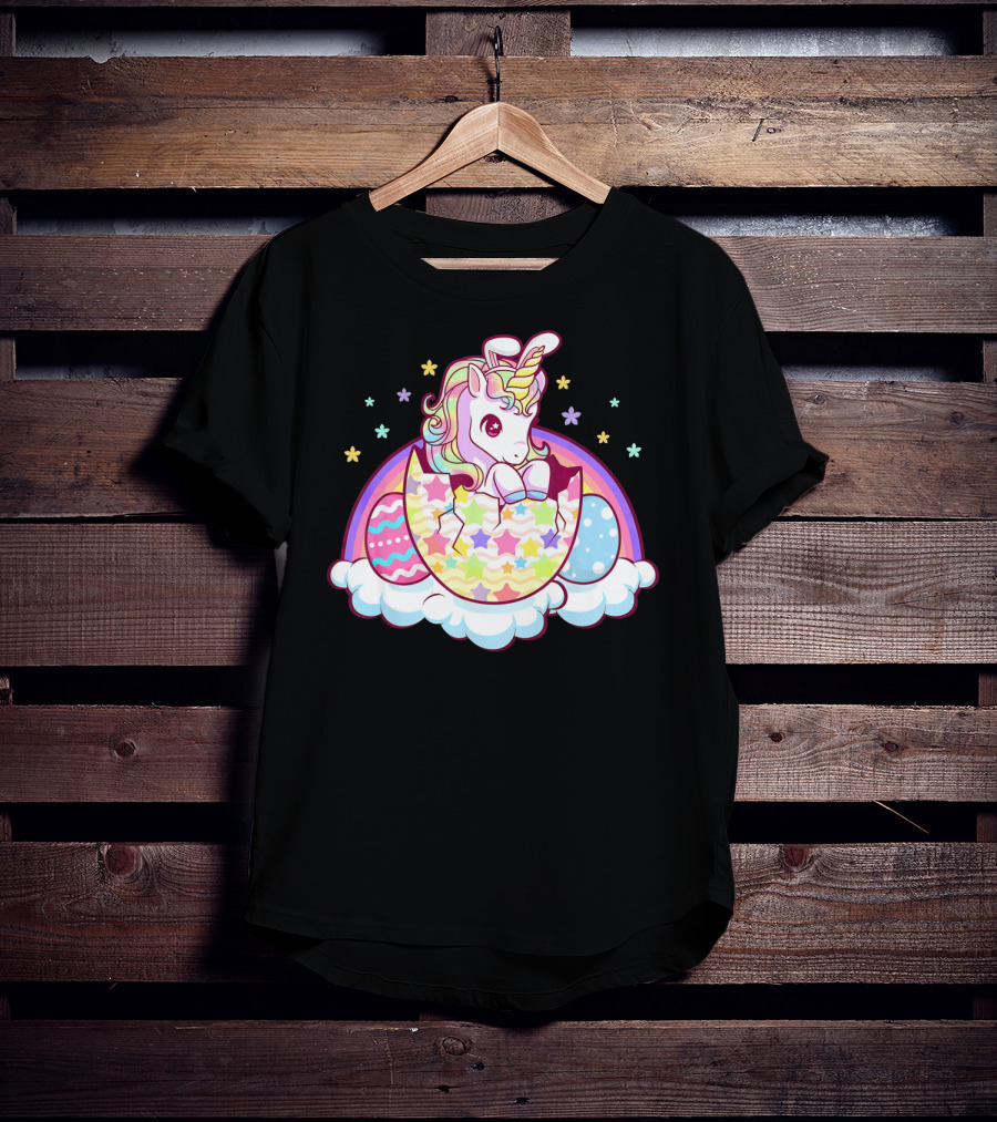 Easter Unicorn Hatching From Egg With Rainbow And Stars T-Shirt