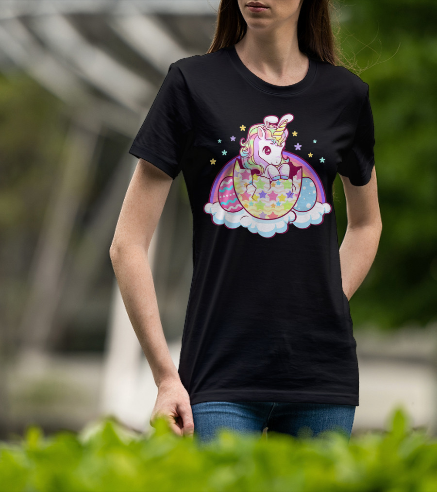 Easter Unicorn Hatching From Egg With Rainbow And Stars T-Shirt