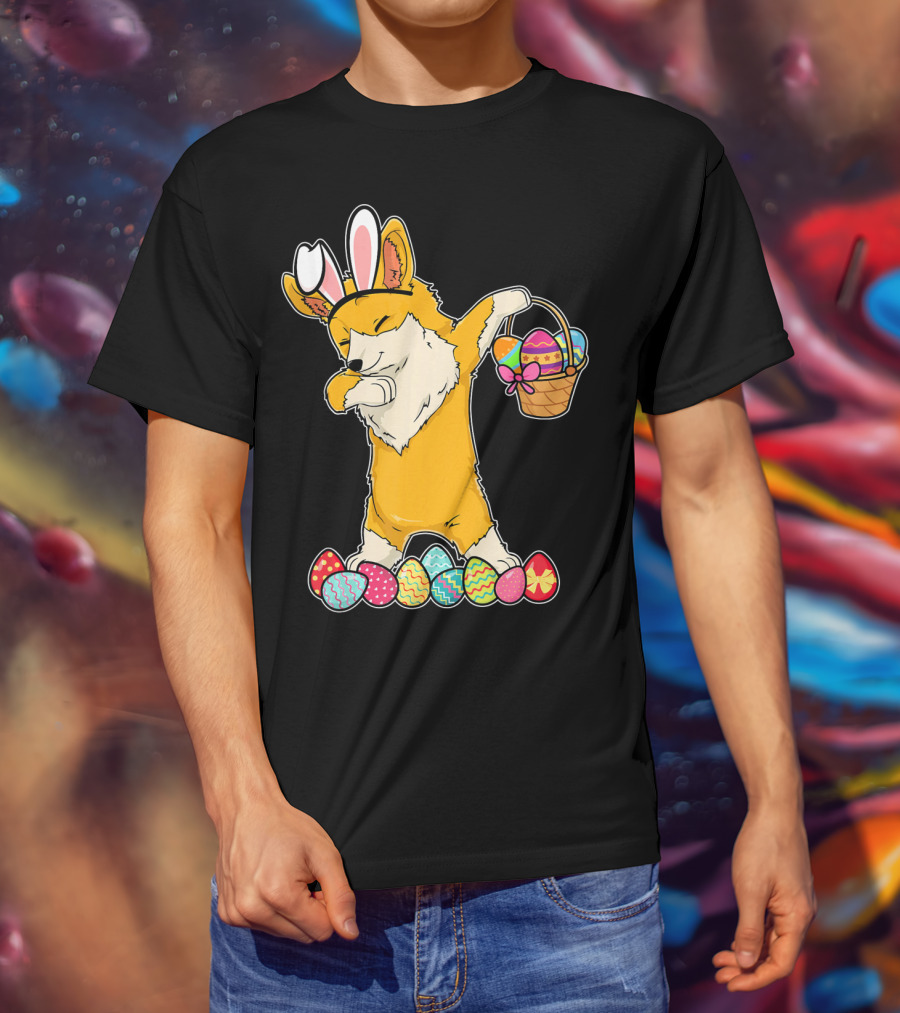 Corgi Dabbing Easter Basket Bunny Ears Eggs T-Shirt