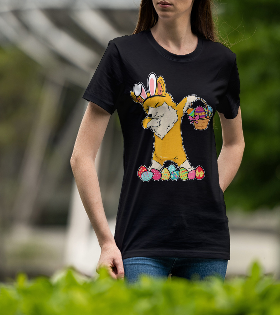 Corgi Dabbing Easter Basket Bunny Ears Eggs T-Shirt