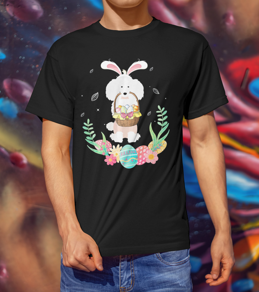 Poodle Bunny Ears Easter Egg Basket Spring Leaves T-Shirt