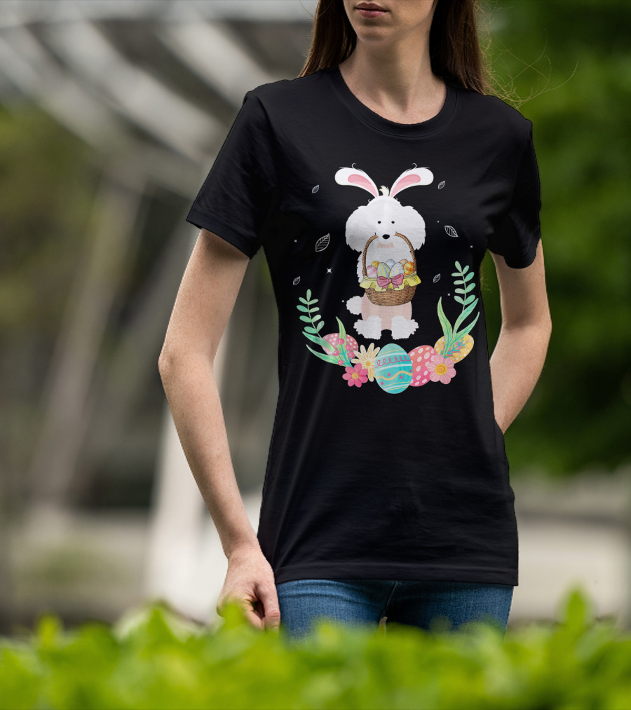 Poodle Bunny Ears Easter Egg Basket Spring Leaves T-Shirt