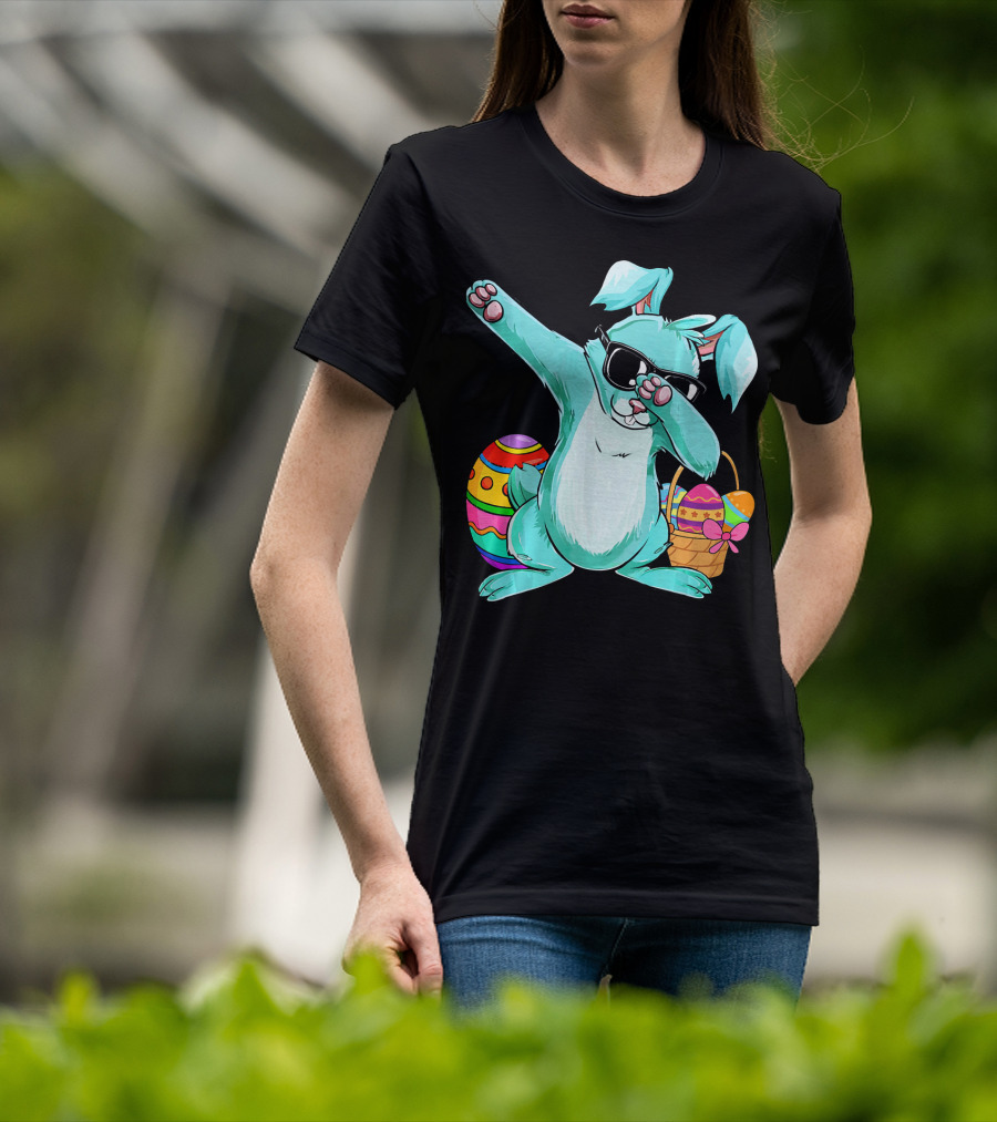 Bunny Dabbing Rabbit Funny Easter Day With Colorful Egg And Sunglasses T-Shirt