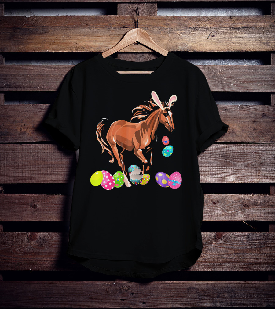 Horse With Bunny Ears Among Colorful Easter Eggs T-Shirt