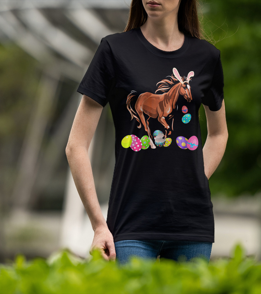 Horse With Bunny Ears Among Colorful Easter Eggs T-Shirt