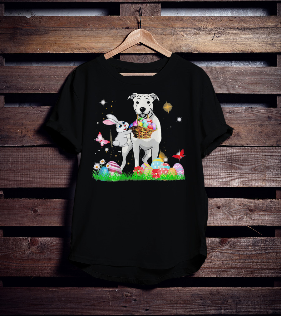 Easter Day Dogo Argentino With Bunny Basket Of Eggs And Butterflies T-Shirt