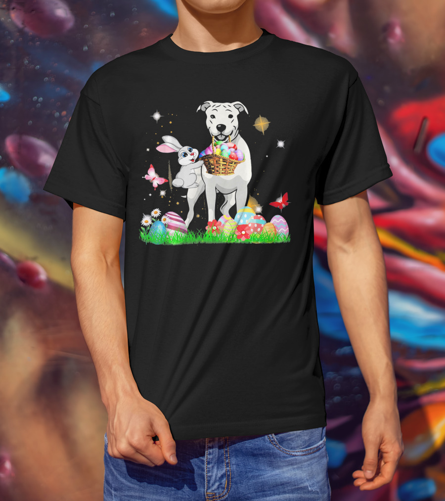 Easter Day Dogo Argentino With Bunny Basket Of Eggs And Butterflies T-Shirt
