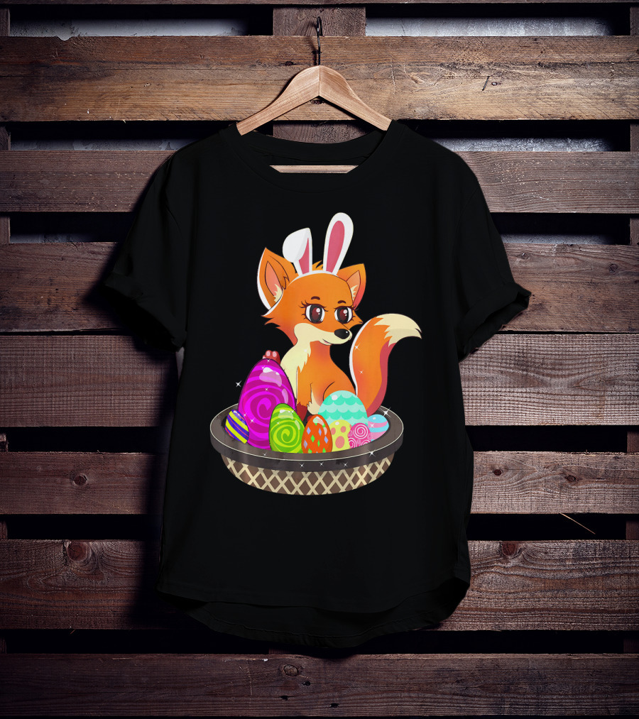 Easter Foxy Fox With Bunny Ears In Basket Of Colorful Eggs T-Shirt