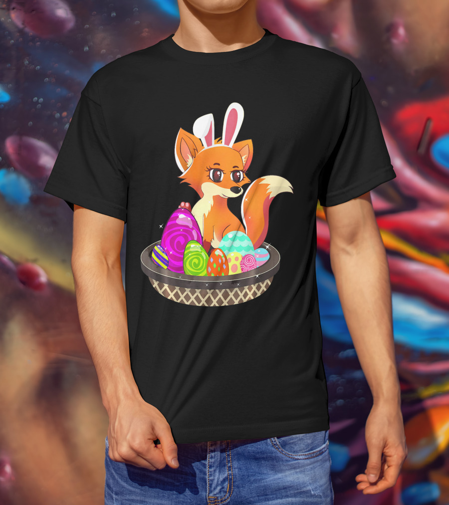 Easter Foxy Fox With Bunny Ears In Basket Of Colorful Eggs T-Shirt