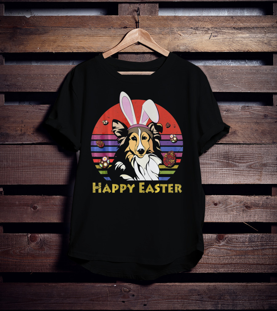 Happy Easter Shetland Sheepdog With Bunny Headband And Colorful Eggs T-Shirt