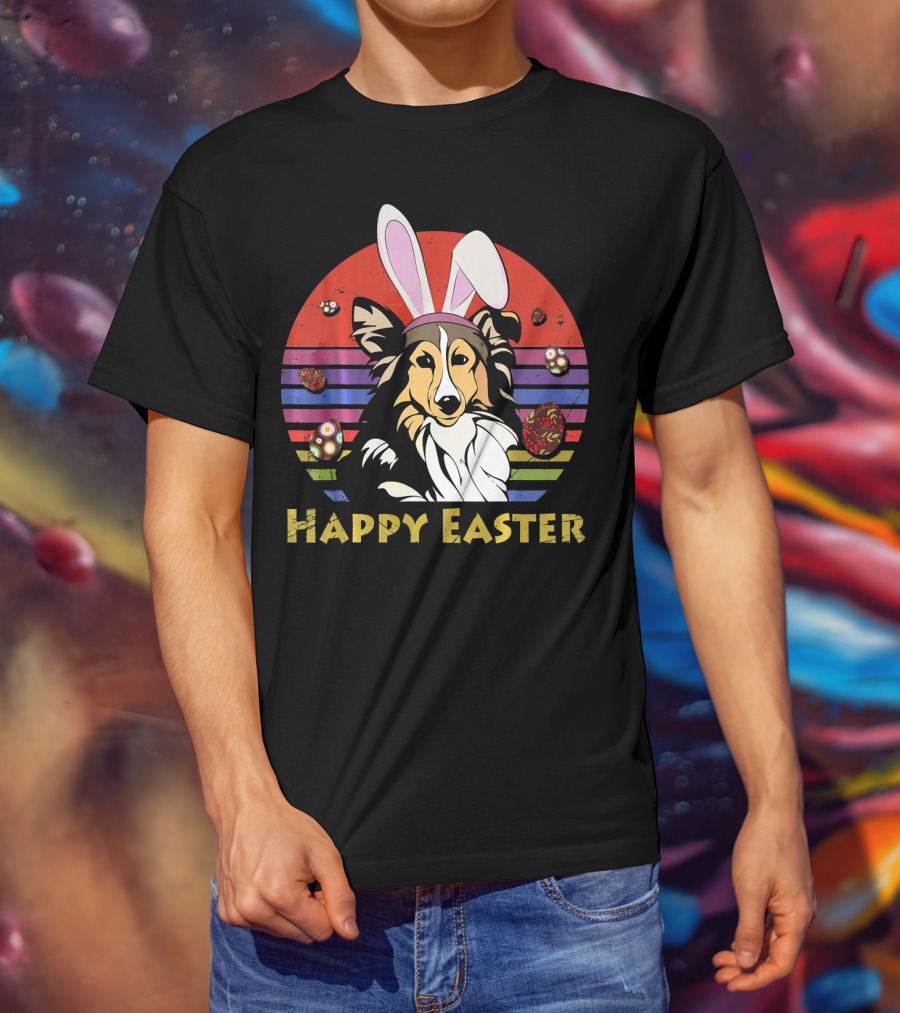 Happy Easter Shetland Sheepdog With Bunny Headband And Colorful Eggs T-Shirt