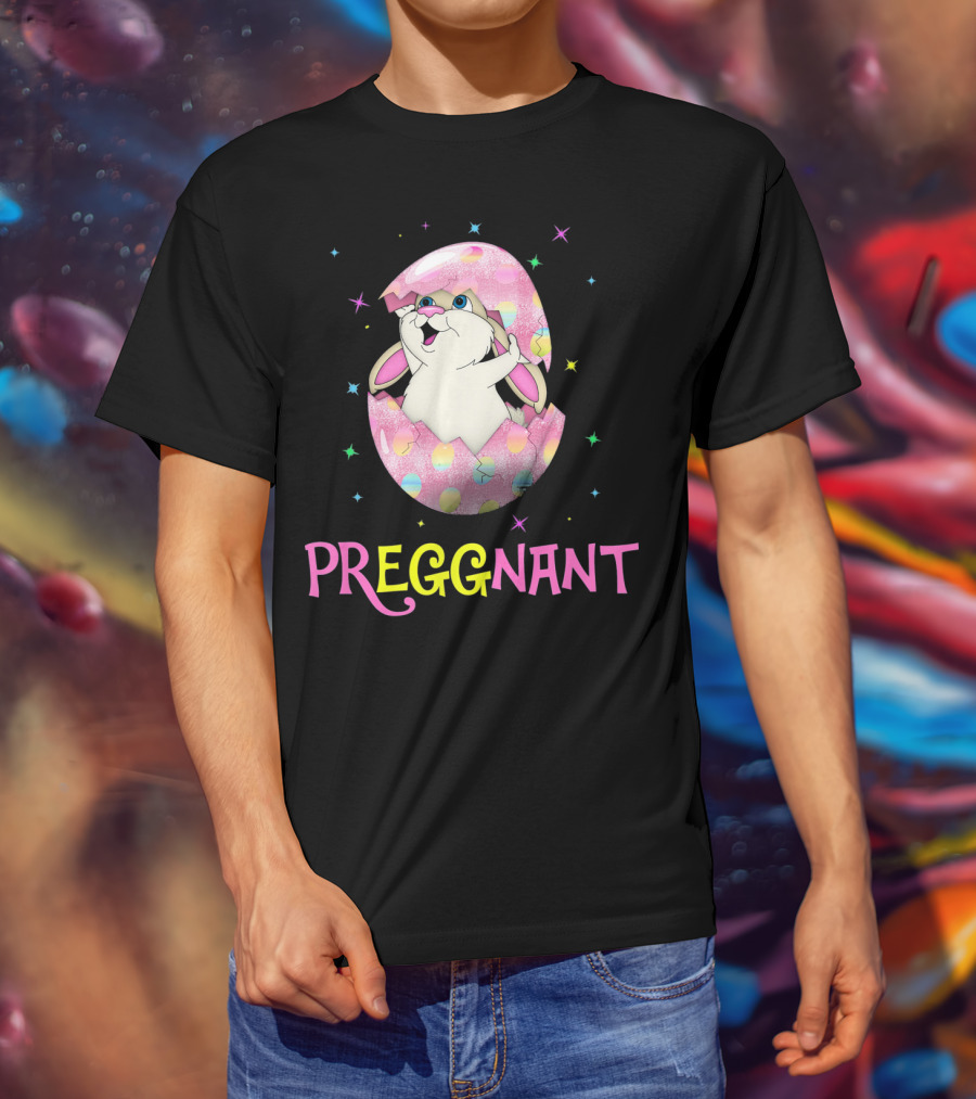 Preggnant Easter Bunny In Egg Shell With Stars T-Shirt