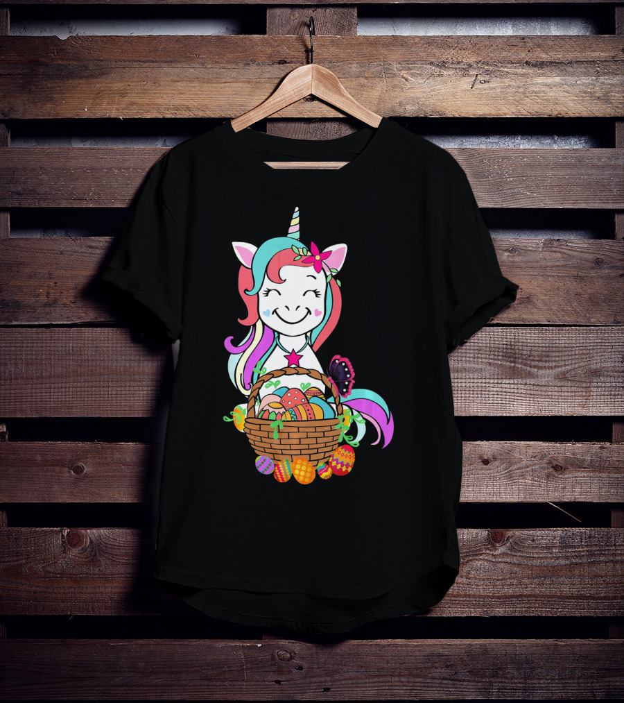 Unicorn Easter Basket With Colorful Eggs And Butterfly T-Shirt