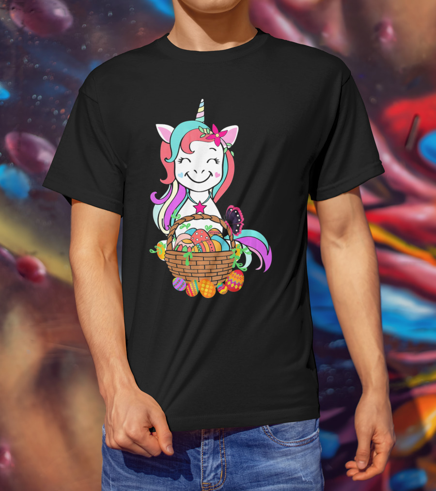 Unicorn Easter Basket With Colorful Eggs And Butterfly T-Shirt