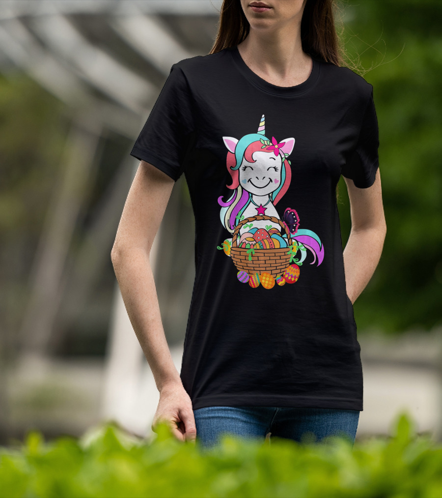 Unicorn Easter Basket With Colorful Eggs And Butterfly T-Shirt