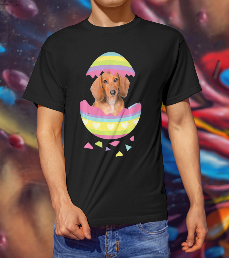 Dachshund In Colorful Easter Egg With Heart Stripes T-Shirt