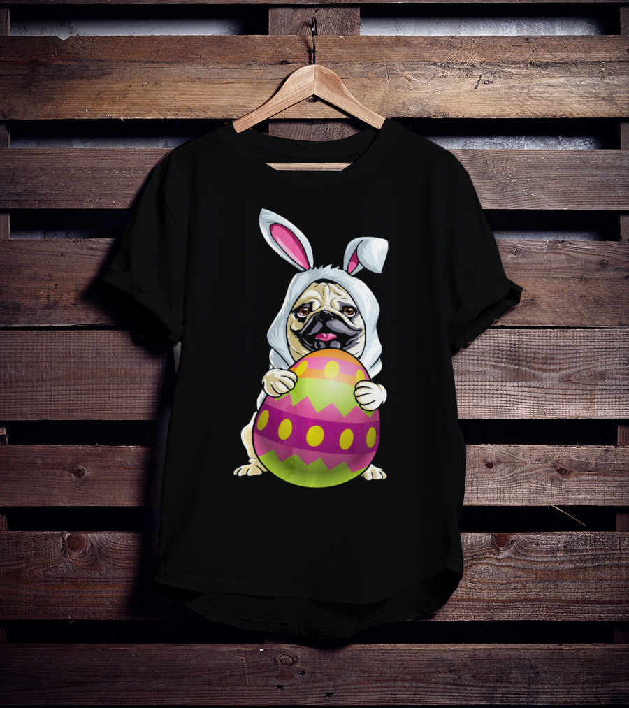 Pug Dressed As Easter Bunny Holding Colorful Easter Egg T-Shirt