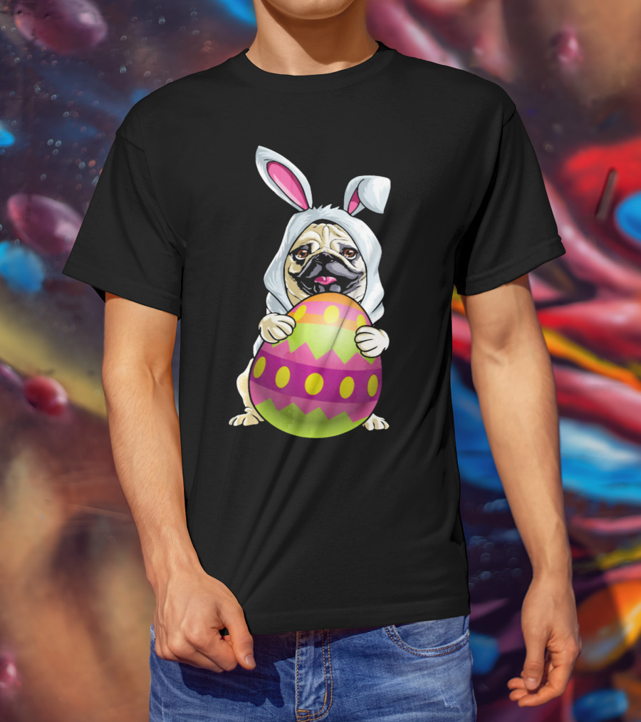 Pug Dressed As Easter Bunny Holding Colorful Easter Egg T-Shirt