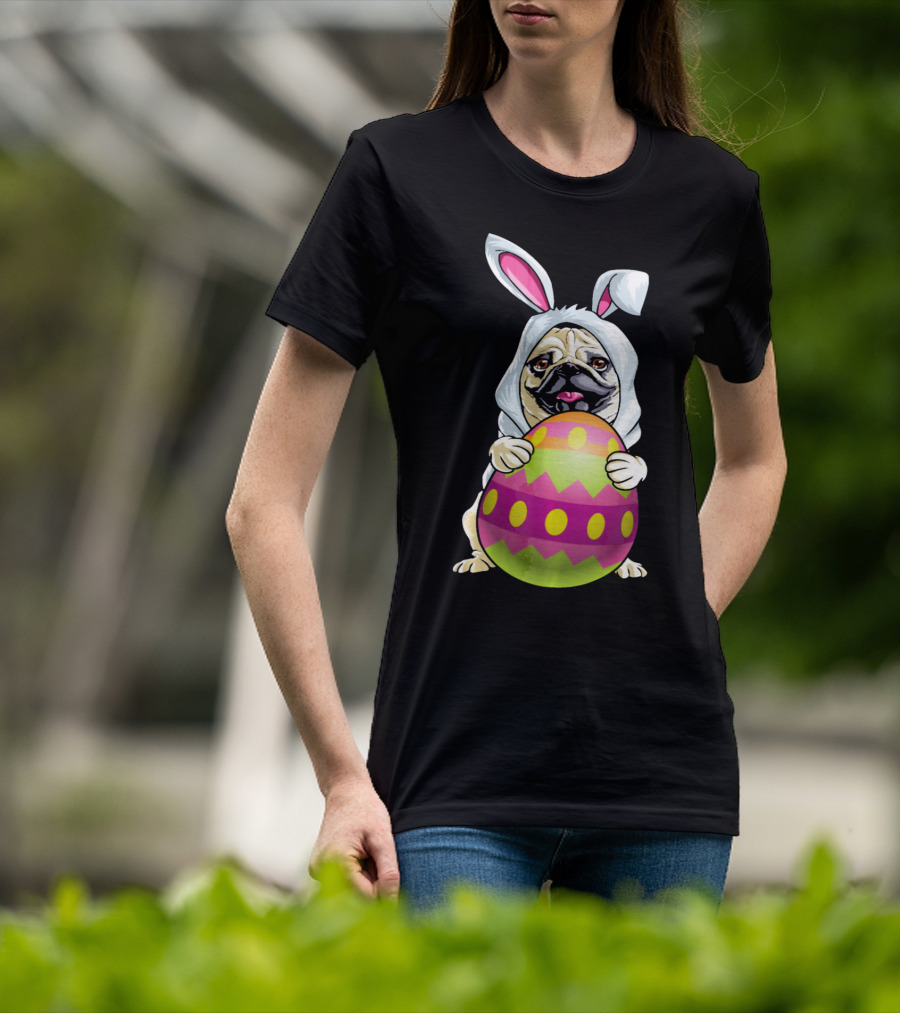 Pug Dressed As Easter Bunny Holding Colorful Easter Egg T-Shirt