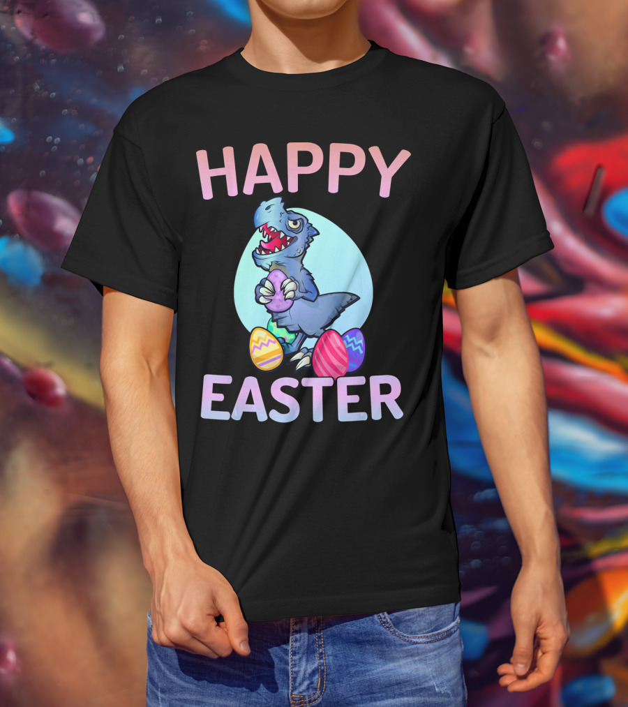 Happy Easter Dinosaur Rex With Colorful Eggs T-Shirt