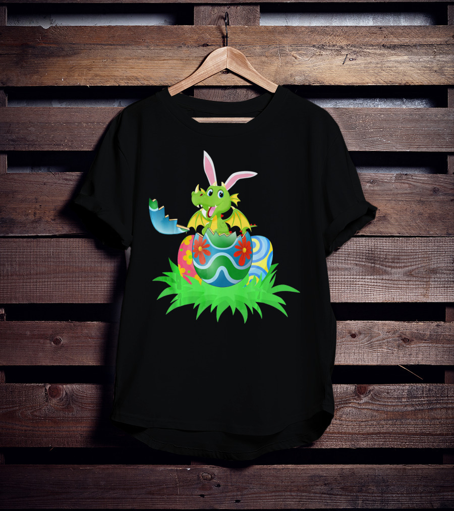 Easter Dragon Egg Hunt With Bunny Ears And Colorful Eggs In Grass T-Shirt