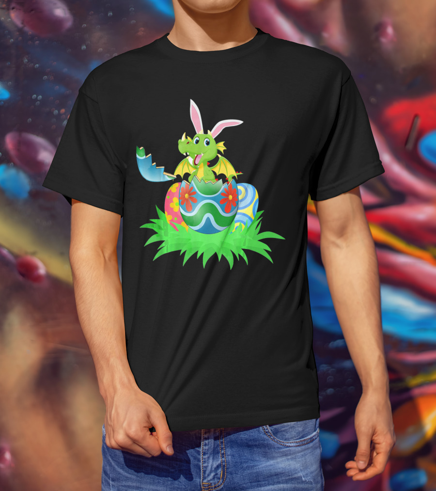 Easter Dragon Egg Hunt With Bunny Ears And Colorful Eggs In Grass T-Shirt