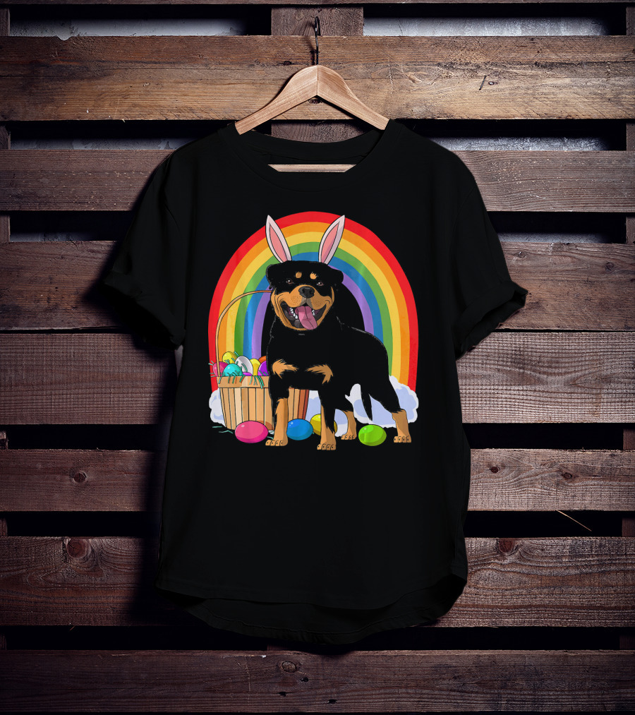 Rottweiler Bunny With Easter Eggs And Rainbow T-Shirt