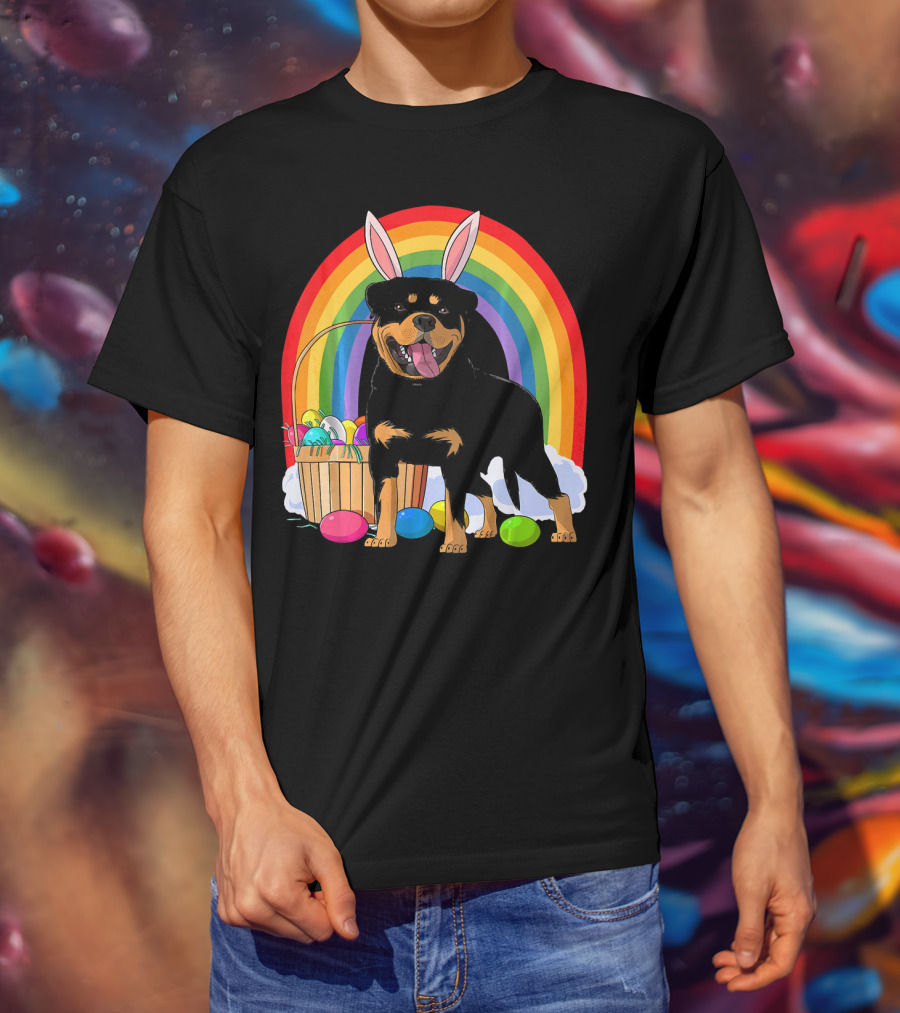 Rottweiler Bunny With Easter Eggs And Rainbow T-Shirt