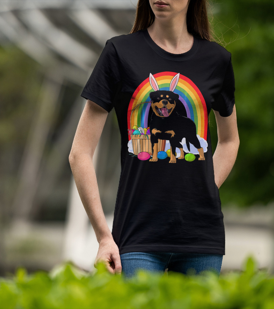 Rottweiler Bunny With Easter Eggs And Rainbow T-Shirt