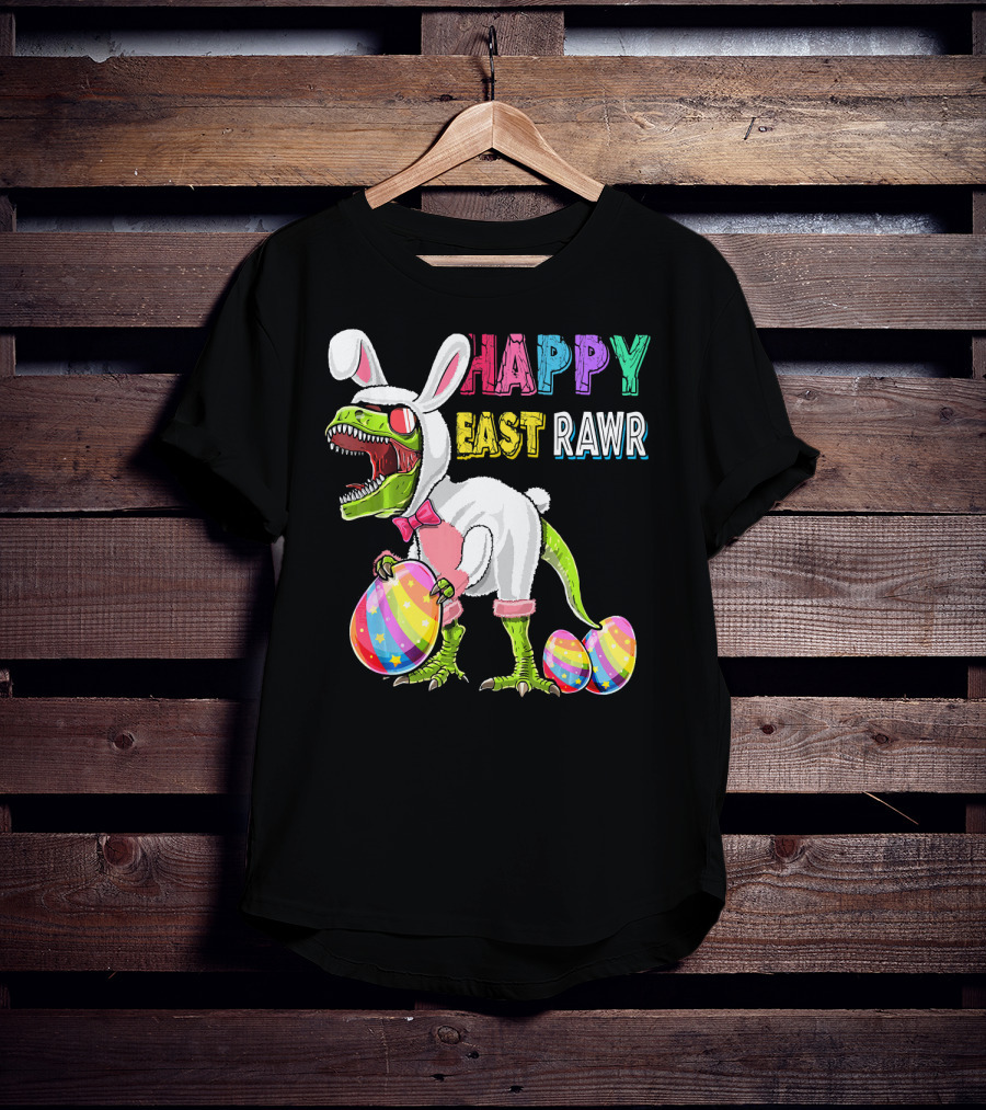 Happy Eastrawr Rex Dinosaur Easter Bunny Costume With Colorful Eggs T-Shirt
